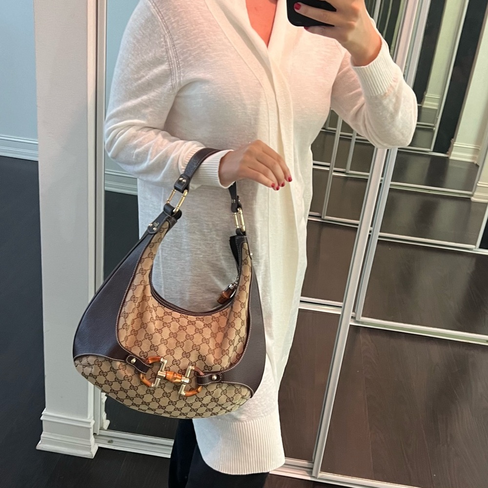 AUTHENTIC GUCCI Beige BROWN Leather Canvas and Leather Horsebit Bamboo Hoboo bag